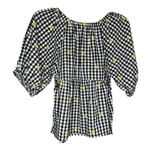 Old Navy Women’s Embroidered Floral Puff Sleeves Black/White Gingham Shirt SZ S